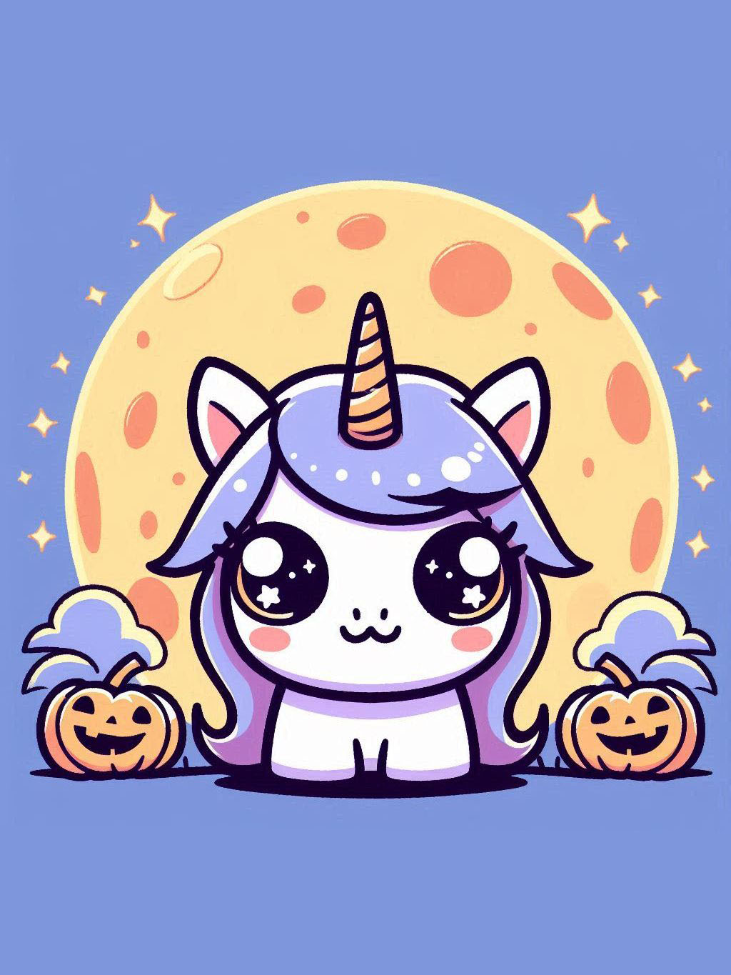 halloween unicorn illustration ideas featuring a cute unicorn with a glowing horn against a full moon background, surrounded by cheerful pumpkins.